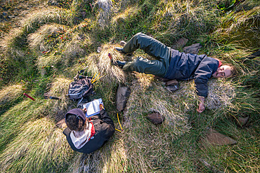 The two ornithologists take the Blue Petrels (Halobaena caerulea) being monitored from their burrows, then release them there after carrying out the required measurements. Gulf of Morbihan, Mayes Island, Kerguelen archipelago.