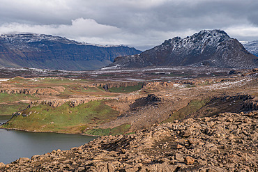 View of Volcan du Diable. Right: Mt Puy-St-Theodule. Grande Terre, Kerguelen archipelago.