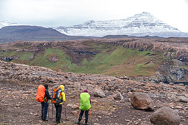 An admiring pause in front of the Branca Pyramid, wonderfully named. Grande Terre, Kerguelen archipelago.
