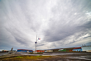 The Port-aux-Francais base. The TAAF (Terres Australes et Antarctiques Francaises) and French flags were hoisted. Kerguelen Archipelago