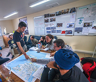 Preparing a scientific glaciology and geology mission, with the Kerguelen district chief and the head of operations at the French Polar Institute. Kerguelen Archipelago