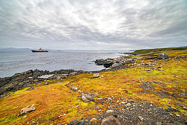 The Marion Dufresne, stationed in Morbihan Bay in front of the Port-aux-Francais base, preparing to weigh anchor for Amsterdam Island. Kerguelen Archipelago