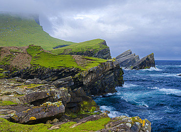 Cliffs in the north at East Hoevdi and Da Logat. Landscape on Foula, part of the Shetland Islands. Europe, Great Britain, Scotland, Northern Isles, Shetland Islands