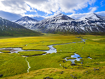Valley Fljotadalur. Landscape on the Troellaskagi Peninsula during autumn in northern Iceland. Europe, Northern Europe, Iceland