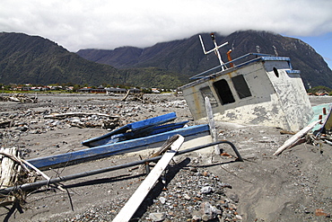 boat embedded in deposits of lahar Chaiten South Chile Chile South America America Chile South America America