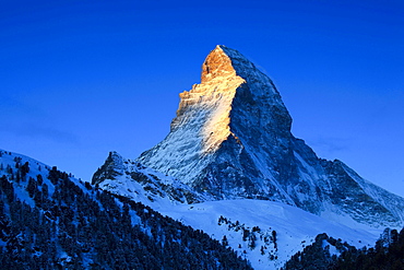 mount Matterhorn 4478 m partly snow covered view from Riederalp morning dusk mood