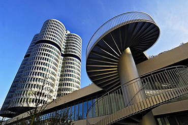 BMW high-rise office building modern architecture in the foreground building with a spiral staircase Munich Bavaria Germany