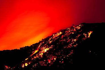 volcanic eruption glowing lava on slope of volcano crater night shot long exposure Eyjafjallajokull April 2010 Fimmvorduhals South Iceland Iceland Europe