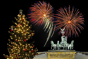 fireworks over Brandenburg Gate with Quadriga night view