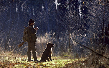 domesticated dog hunter with rifle and hunting dog in forest Germany