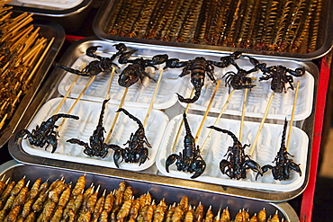 Deep fried and on a stick scorpions and other insects for sale at a food stand in Guangzhou China