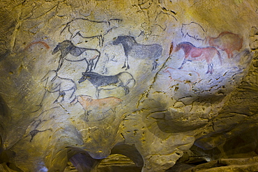 petroglyph group of horses painted drawn on rock close-up Spain Europe