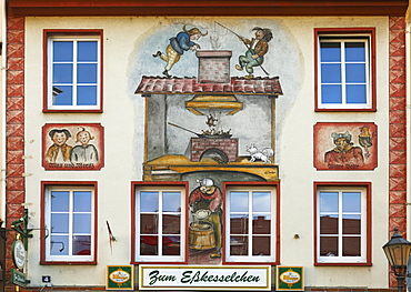 old town of Koblenz old historical building with frescos of Max and Moritz and widow Bolte