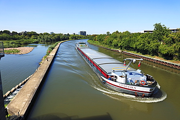 cargo ship on the Neckar canal river landscape