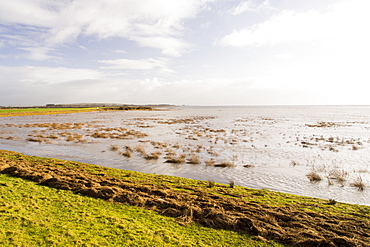 Flooded salt marsh during an exceptionally high tide near Cark in Cartmell on Morecambe Bay, Cumbria, UK.