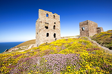 An old abandoned tin mine on moorland above St Agnes, Cornwall, UK.