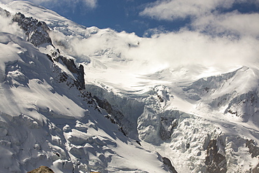 Mont Blanc and the Bossons glacier from Chamonix town, France.