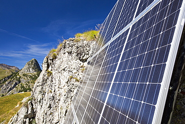 Solar panels attached to a cliff above the Refuge Bertone, which provied electricity to this off grid mountain hut.