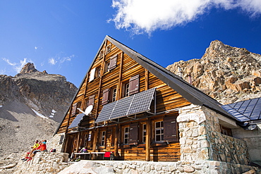 Solar panels on the Cabanne D' Orny in the Swiss Alps, providing electricty for this off grid mountain hut at over 10,000 feet.