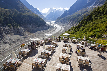 The Mer De Glace which has thinned 150 meters since 1820, and retreated by 2300 Metres, with a balcony cafe overlooking the rapidly shrinking glacier.