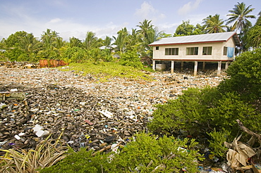 Plastic rubbish discarded in a lagoon on Funafuti Atoll, Tuvalu, Pacific