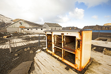 A stove at the old British Antarctic Survey station on Deception Island in the South Shetland Islands off the Antarctic Peninsular which is an active volcanic caldera. It was abandoned in 1967 when it was over run by a volcanic eruption.