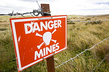 A warning sign about the presence of Argentinian mines on the Falkands, left over from the 1980's Falklands conflict when Argentina invaded the islands.