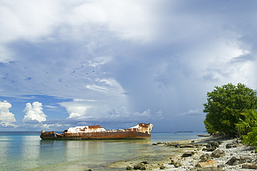 A ship wrecked by Hurricane Bepe on Funafuti Atoll, Tuvalu, Pacific