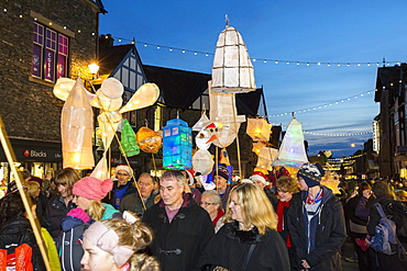 The lantern procesion at the Christmas lights switch on in Ambleside, Lake District, UK.