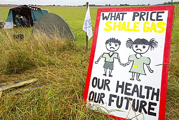 A protest banner against fracking at a farm site at Little Plumpton near Blackpool, Lancashire, UK, where the council for the first time in the UK, has granted planning permission for commercial fracking fro shale gas, by Cuadrilla.