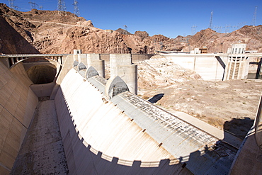 The overspill, standing high and dry at the Hoover Dam on Lake Mead, Nevada, USA, following a four year long drought.