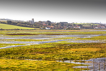 Coastal flooding on fields at salthouse on the North Norfolk coast, UK.