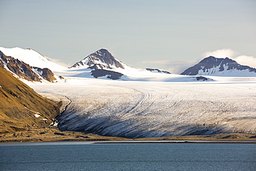 A glacier at Recherchefjorden on Western Svalbard. All of Svalbards glaciers are retreating, even in the north of the archiapelago despite only being around 600 miles from the North Pole.