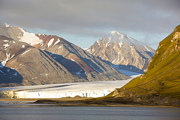 A glacier at Recherchefjorden on Western Svalbard. All of Svalbards glaciers are retreating, even in the north of the archiapelago despite only being around 600 miles from the North Pole.