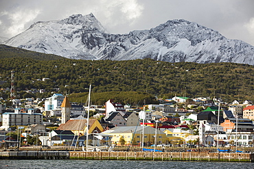 Sailing boats moored in the town of Ushuaia which is the capital of Tierra del Fuego, in Argentina, it is the most southerly city in the world and the starting point for trips to Antarctica.