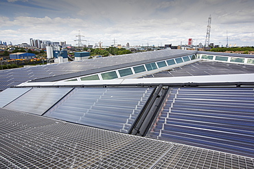 Solar thermal and solar PV panels on the roof of the Crystal building which is the first building in the world to be awarded an outstanding BREEAM (BRE Environmental Assessment Method) rating and a LEED (Leadership in Energy and Environmental Design) platinum rating. London, UK.