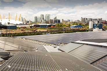 Solar thermal and solar PV panels on the roof of the Crystal building which is the first building in the world to be awarded an outstanding BREEAM (BRE Environmental Assessment Method) rating and a LEED (Leadership in Energy and Environmental Design) platinum rating. London, UK.