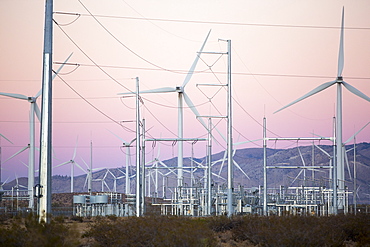 Part of the Tehachapi Pass wind farm, the first large scale wind farm area developed in the US, California, USA, at sunrise.