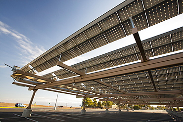 Solar panels on a college car park in Bakersfield, California, USA. following the four year long drought, Bakersfield is now the driest city in the USA.