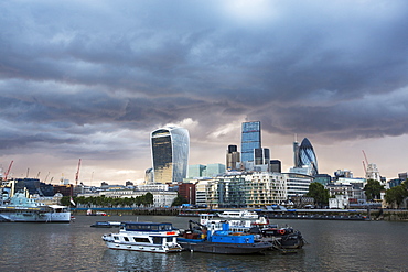 Twenty Fenchurch Street, The Leadenhall building and the Swiss Re Tower in the City of London from the South bank of the River Thames, UK.