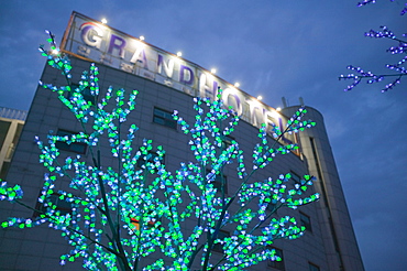 Tree lights outside a hotel in Incheon, Seoul, South Korea, Asia