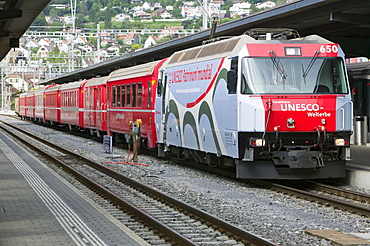 The Bernina Glacier express that goes from Chur in Switzerland to Tirano in Italy, Europe