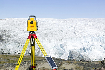 PHD scientist Ian Bartholomew's theodolite measuring the speed of the Russell Glacier near Kangerlussuaq, Greenland, Polar Regions