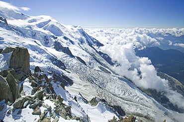 Mont Blanc and the rapidly melting Bossons Glacier, Chamonix, Haute Savoie, France, Europe