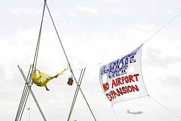 The Climate Camp protest against airport development at Heathrow and the village of Sipson that would be demolished to make way for a third runway, London, England, United Kingdom, Europe