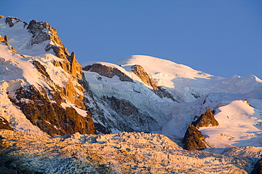 Mont Blanc, and the Bossons Glacier, one of the steepest in the world, now retreating rapidly due to global warming, taken from Chamonix, Haute Savoie, France, Europe