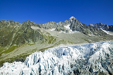 Melting seracs on the snout of the Argentiere Glacier, like most Alpine glaciers it is retreating rapidly due to global warming, Chamonix, Haute Savoie, France, Europe