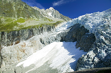 Melting seracs on the snout of the Argentiere Glacier, like most Alpine glaciers it is retreating rapidly due to global warming, Chamonix, Haute Savoie, France, Europe