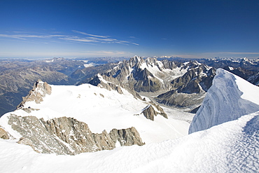 Viuew from the summit of the 4000 metre peak of Mont Blanc du Tacul above Chamonix, Haute Savoie, France, Europe