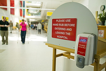 Anti bacterial hand wash at the entrance to Carlisle hospital to help combat MRSA and other deseases, Cumbria, England, United Kingdom, Europe